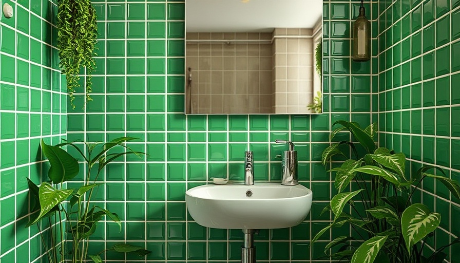 Modern bathroom with 90s home trends and green decor.