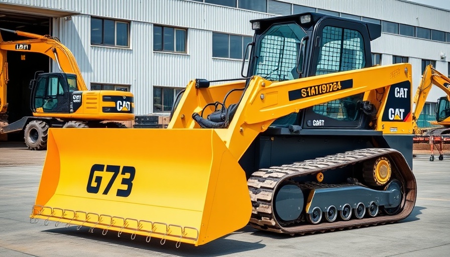 G73 grader blade on compact track loader in industrial area.