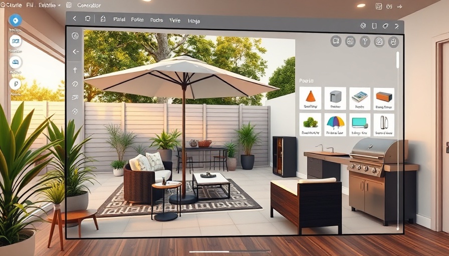 3D outdoor design tool interface showcasing a patio layout.