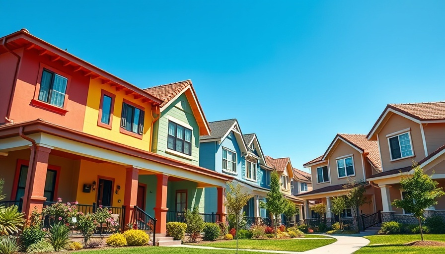 Row of modern suburban homes with clean exteriors, sunny day.
