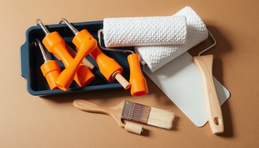 Assorted painting tools with rollers and tray for painter's tape roller hack.