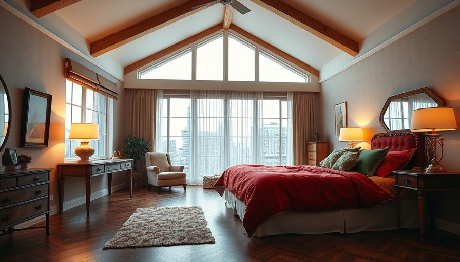 Elegant short-term rental bedroom with red bedspread and wood accents.