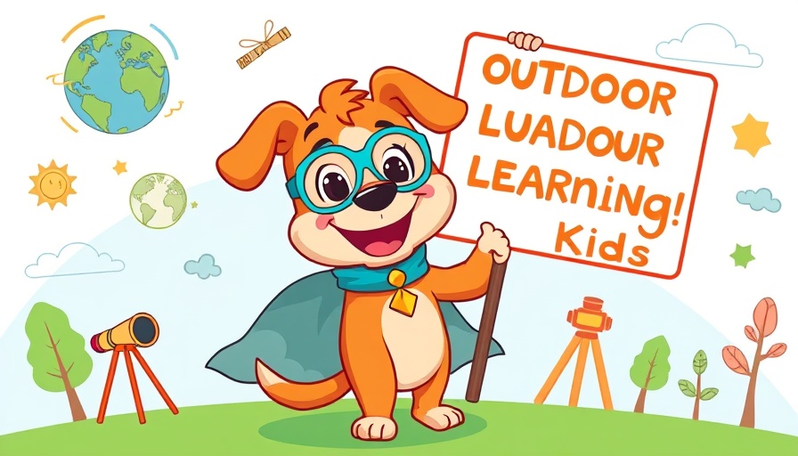 Cartoon dog superhero promoting outdoor learning for kids with educational icons.
