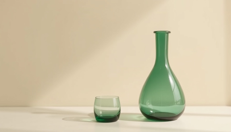 Minimalist green bedside water carafe set on beige surface.