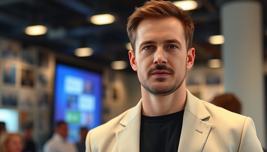 Man in cream blazer at event, neutral expression.