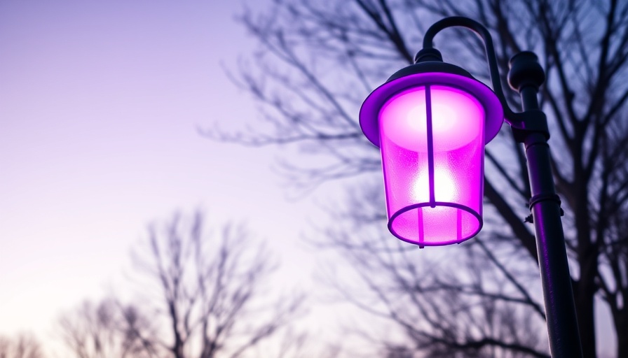 Purple street light glowing at twilight with silhouetted trees.