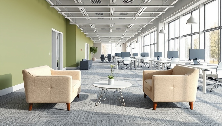 Modern office with green accent wall and natural lighting.