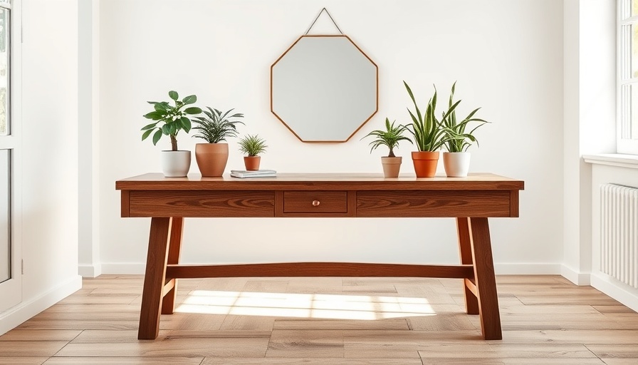 Minimalistic wooden table with mirror and plants in rustic room.