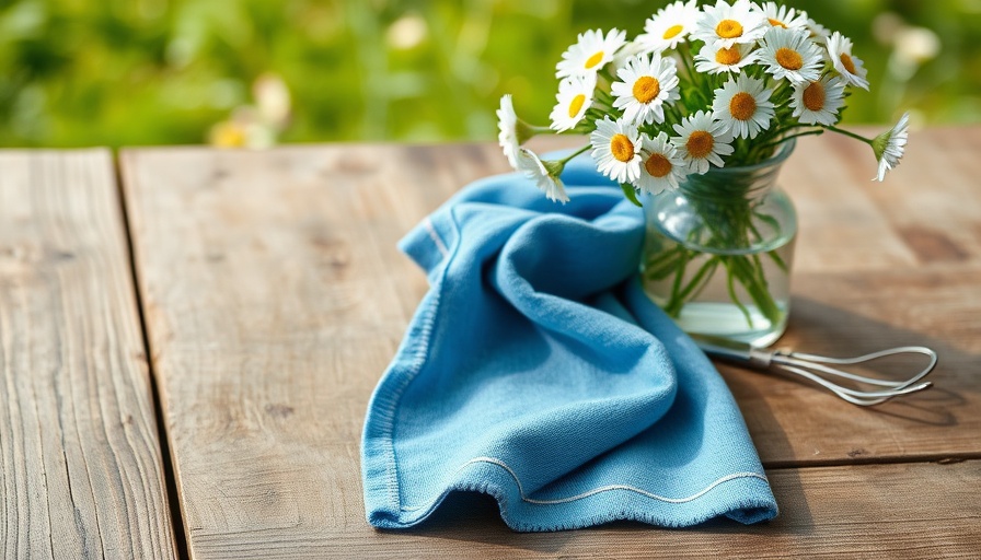 Rustic blue kitchen towel with daisies on a wooden table, perfect souvenir.