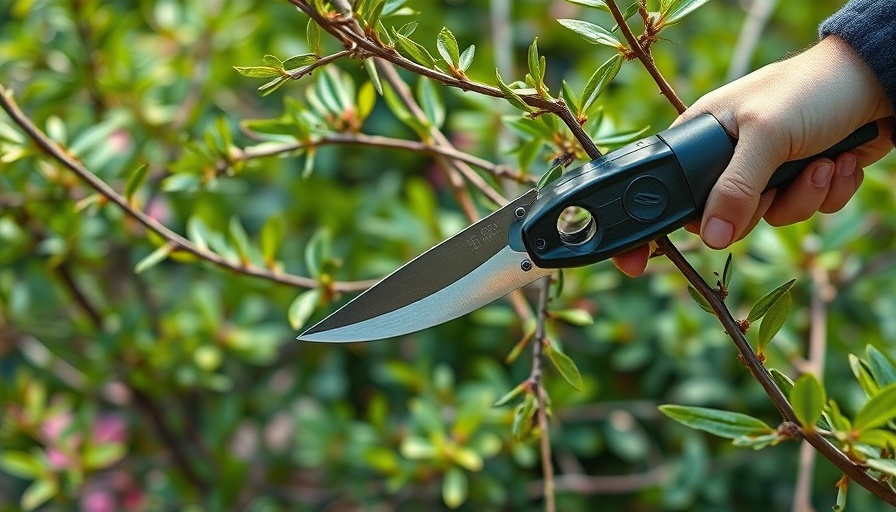 Telescopic tool pruning tree branches in a sunny garden.