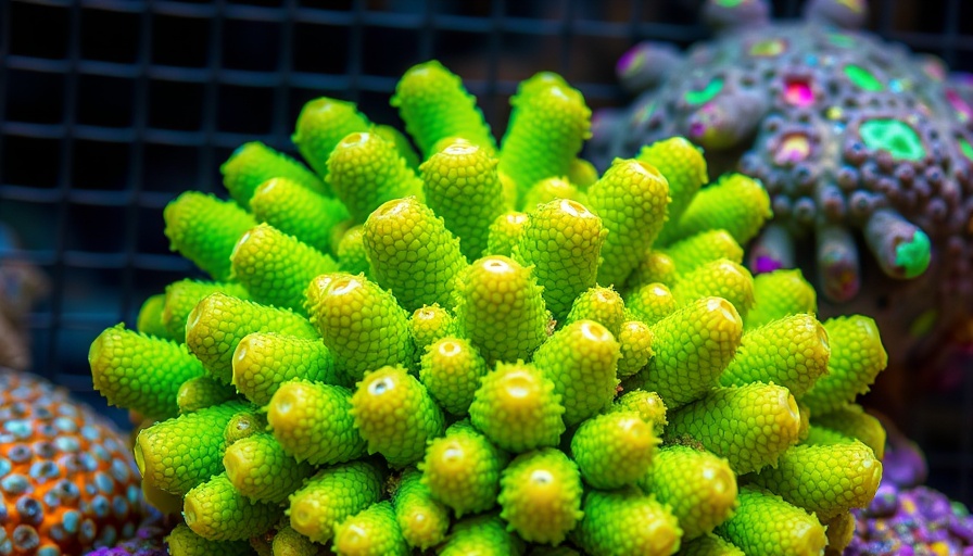 Green and yellow Hammer Coral on a mesh grid background.
