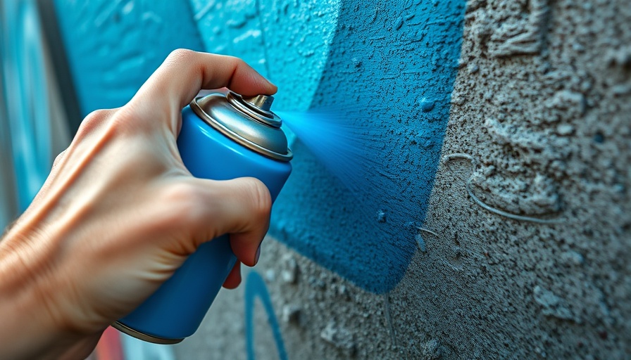 Close-up of spray painting in progress on a textured wall.