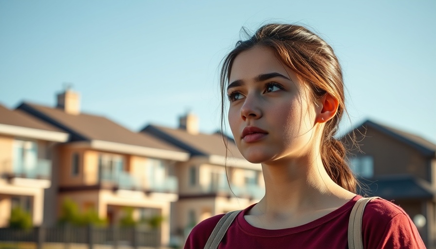 Woman contemplating homebuying, modern houses background, first-time homebuyer tips.
