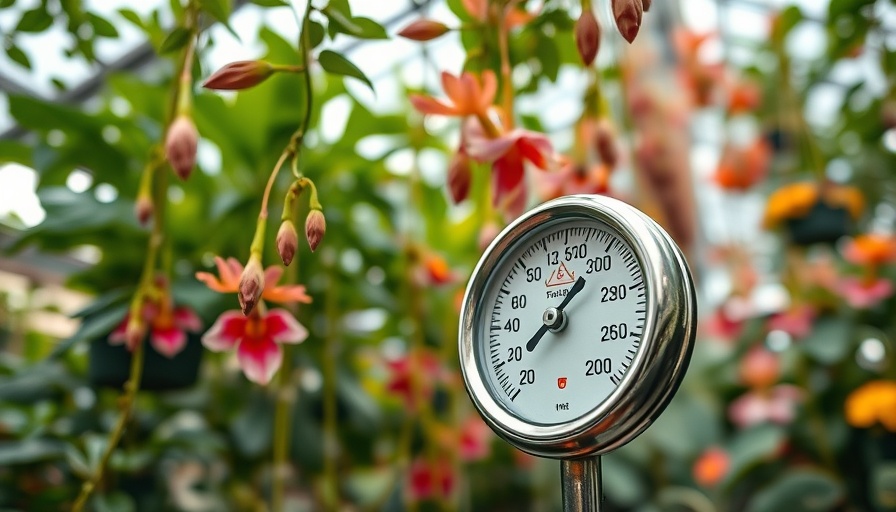 Thermometer in a greenhouse surrounded by lush plants and flowers.
