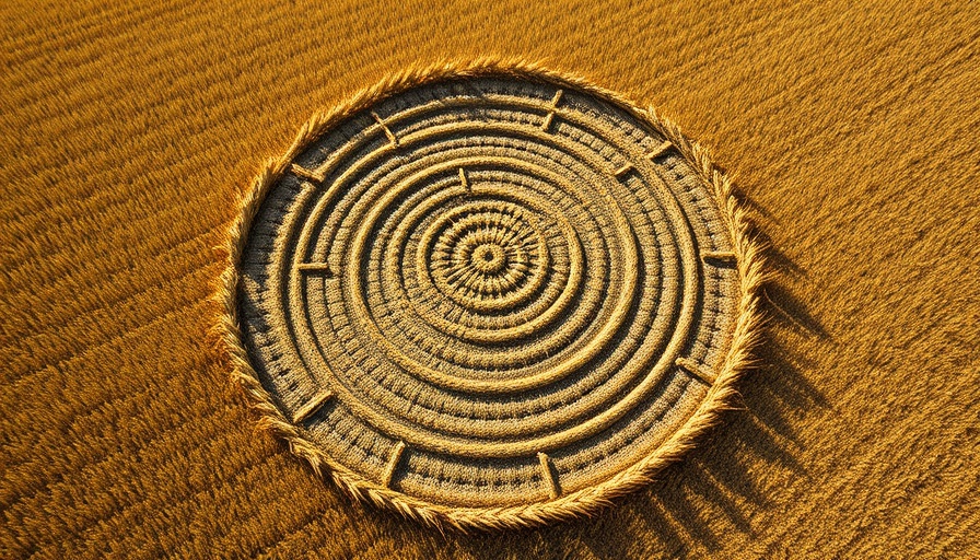 Aerial view of crop circle pattern in wheat field, crop circles origins.