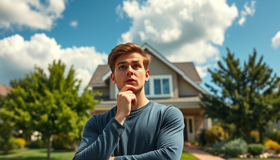 Surprised young man pondering property taxes in front of house.