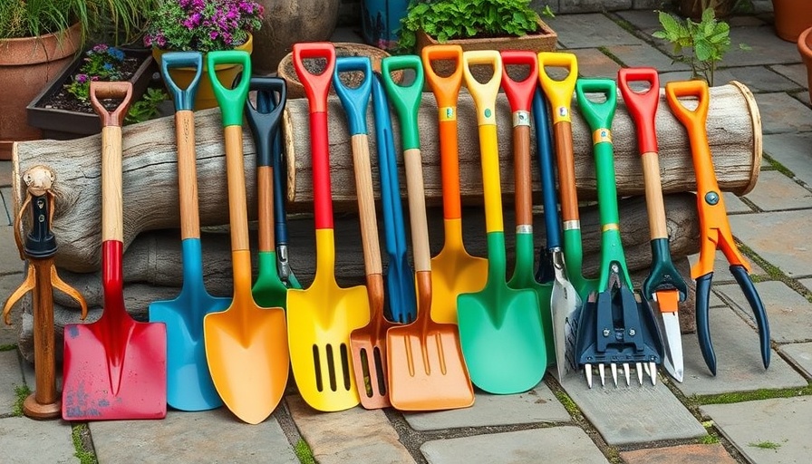 Assorted essential gardening tools on a stone patio