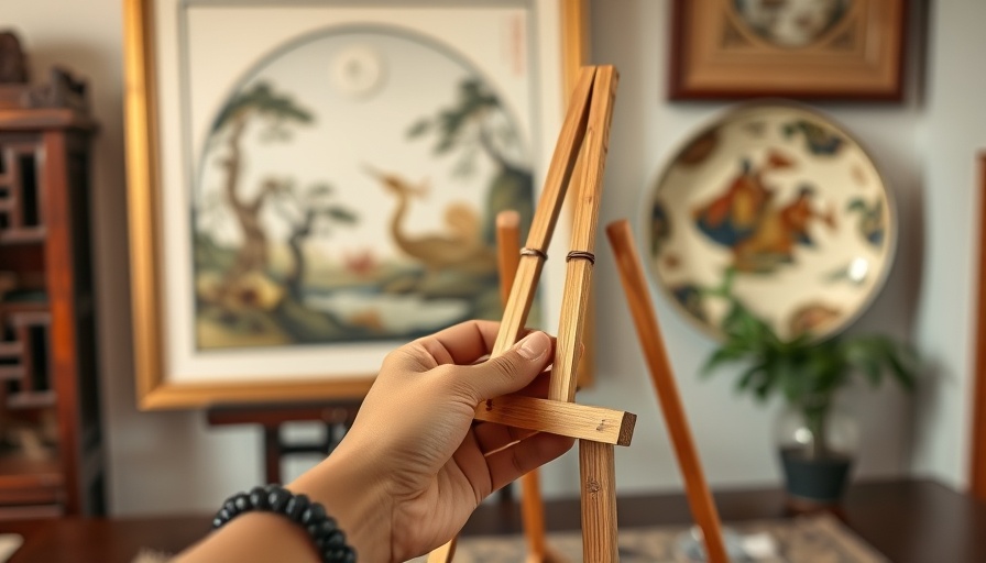 Hand holding bamboo tabletop easel in cozy interior.