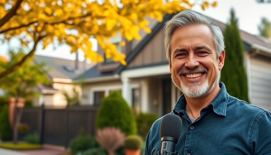 Smiling man promoting replace your W2 job with rentals, suburban house backdrop.