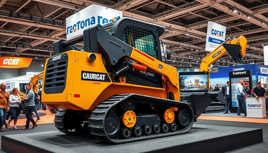 Modern compact track loader displayed at an expo under bright lighting.