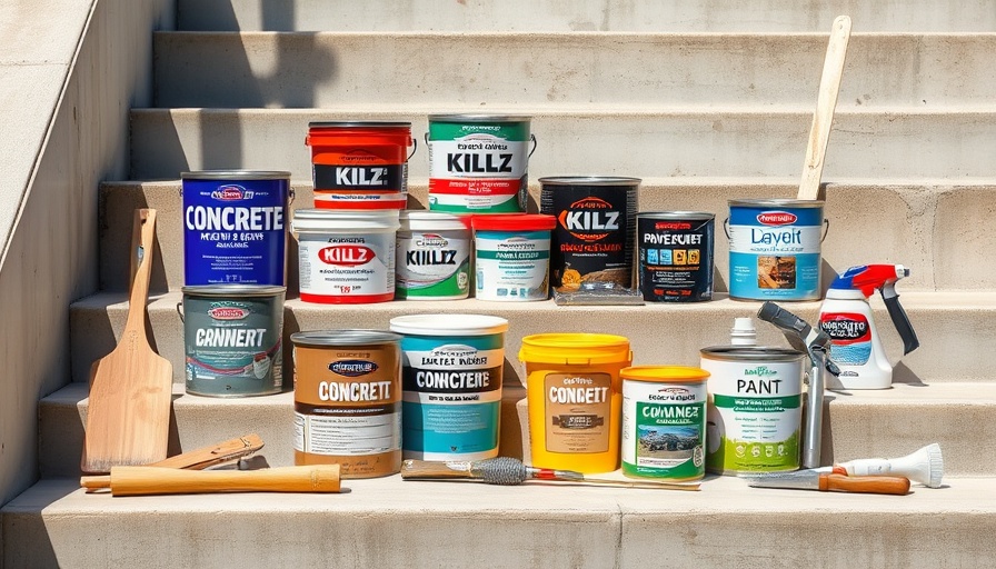 Assorted best concrete paints displayed on steps with painting tools, outdoor.