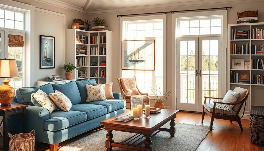 Coastal cottage inspiration: cozy living room with nautical decor and a blue sofa.