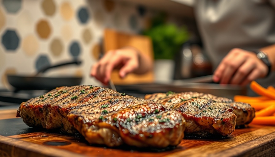 Sauce Goddess preparing food with steaks in a modern kitchen.