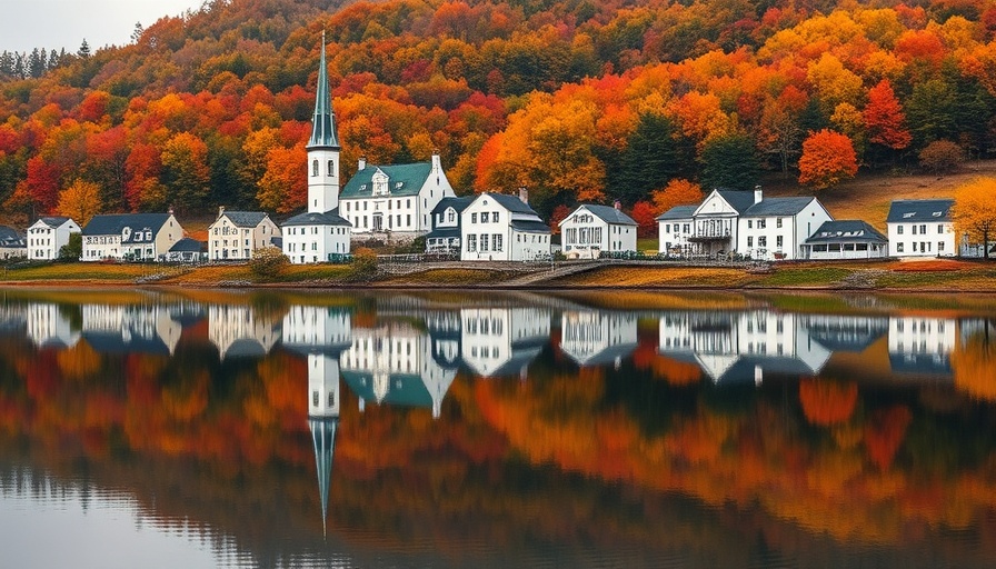 Charming countryside village with autumn reflections in lake.