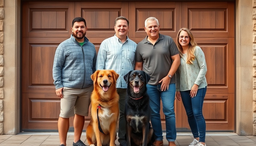 Friendly group with two dogs posed in front of a wooden garage.