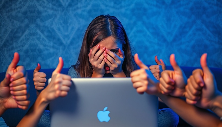 Upset young woman with laptop, surrounded by thumbs down gestures, symbolic of social media criticism.