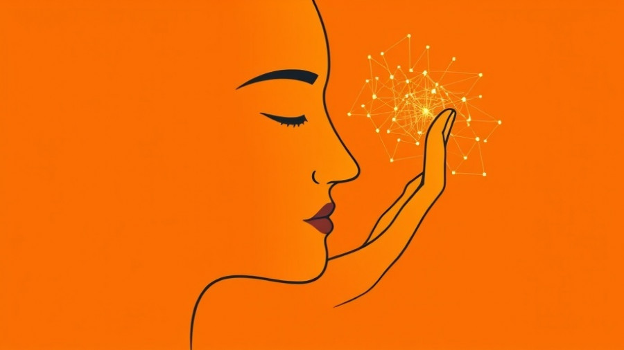 Minimalist illustration of a face, hand, and neural network on orange.