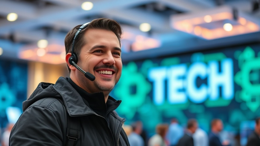 Smiling man at tech conference discussing tech tools