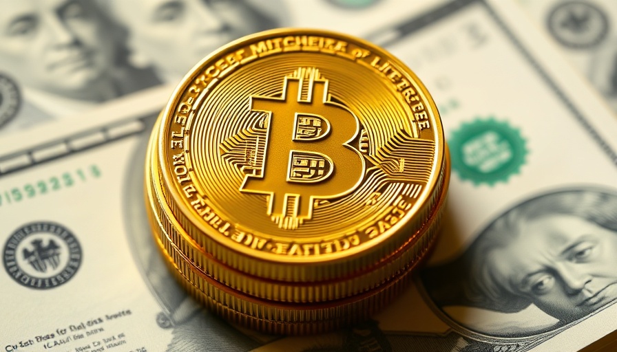 Gold bitcoins on dollar bills, symbolizing cryptocurrency.