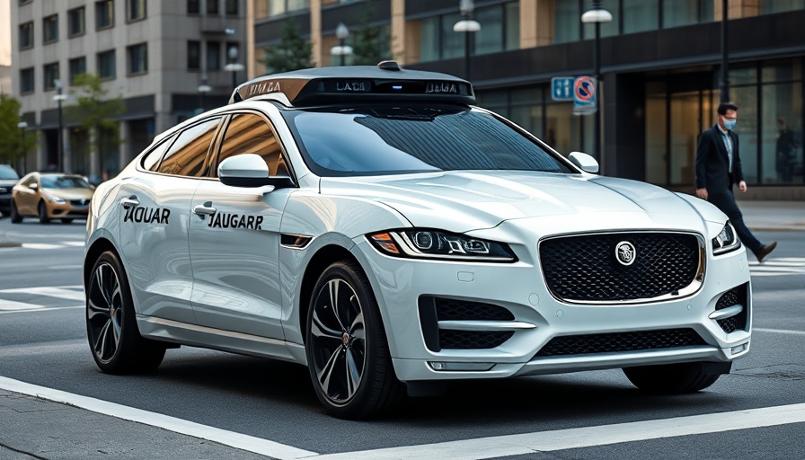 Waymo robotaxi service with sleek white autonomous Jaguar in city.