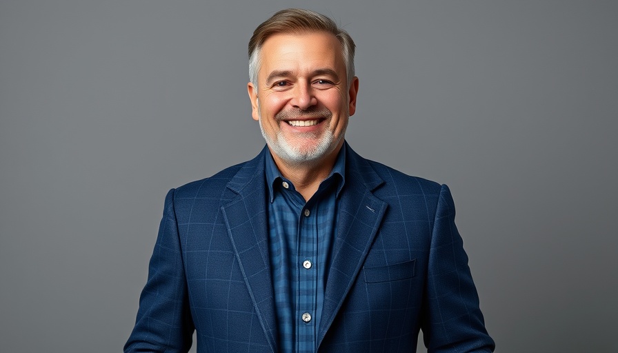 Middle-aged man in blue blazer smiling, photorealistic portrait.