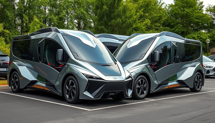 Parked futuristic Cybertrucks in a tree-lined lot, showcasing trade-ins.