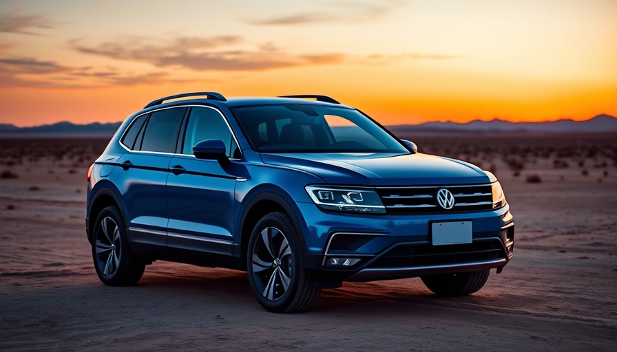 Volkswagen SUV parked at sunset, vibrant landscape.