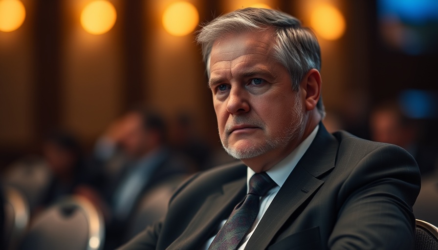 Formal suited man at conference, serious expression