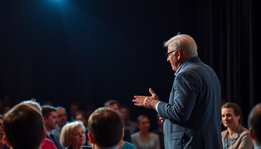 Confident speaker on stage discussing technology, engaging with audience.