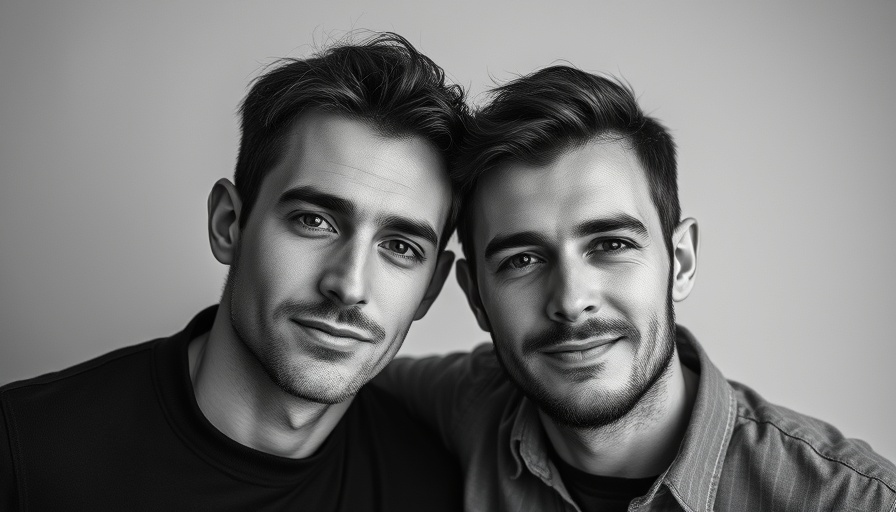 Monochrome portrait of two men posing together.