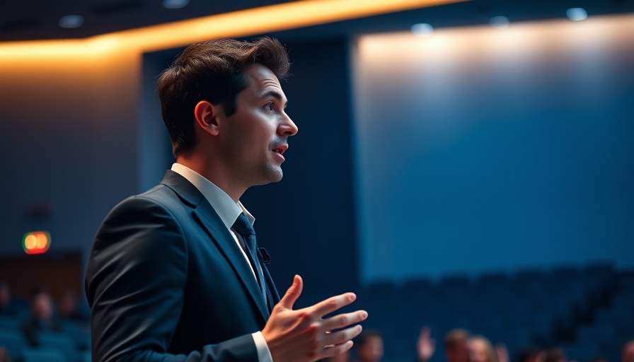 Young man speaking at a conference about AI hardware innovations.