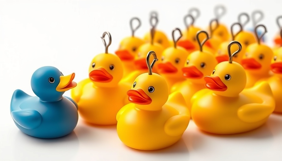 AI recruiting blitz concept with a blue rubber duck being selected among yellow ducks.
