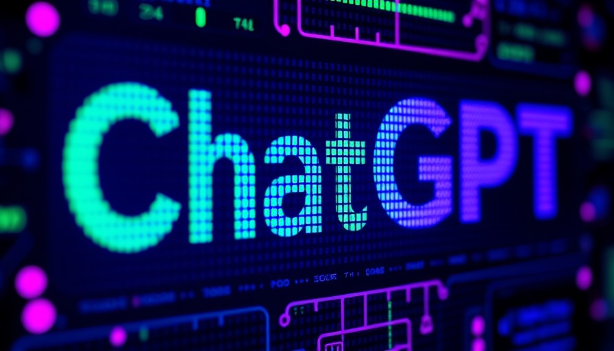 ChatGPT AI advancements text with neon purple and green display.