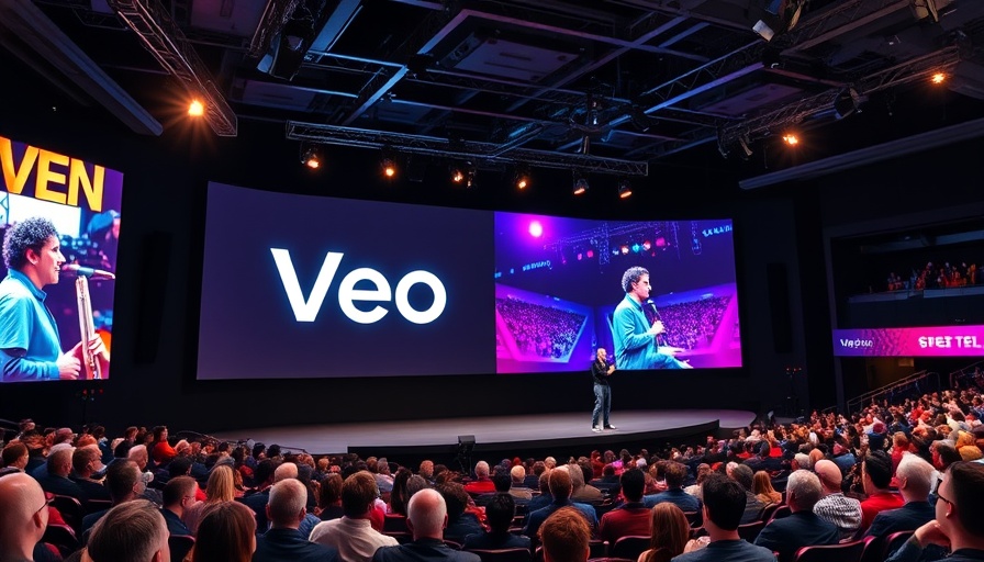 Tech presentation on playable world models with large screen displaying 'Veo'.