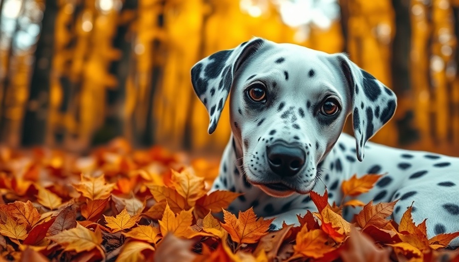 Dalmatian lying on autumn leaves in a forest setting, curious expression.