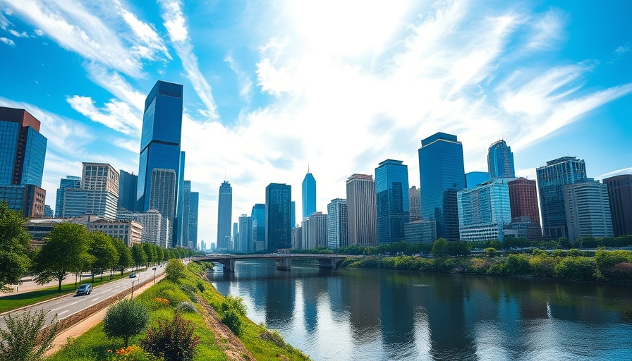 City skyline reflecting in river, venture capital strategies theme.