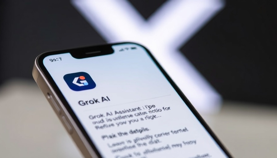 Smartphone displays Grok AI app with X logo background.