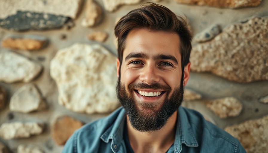 Casual man with beard relaxing against stone wall, open-source social media.