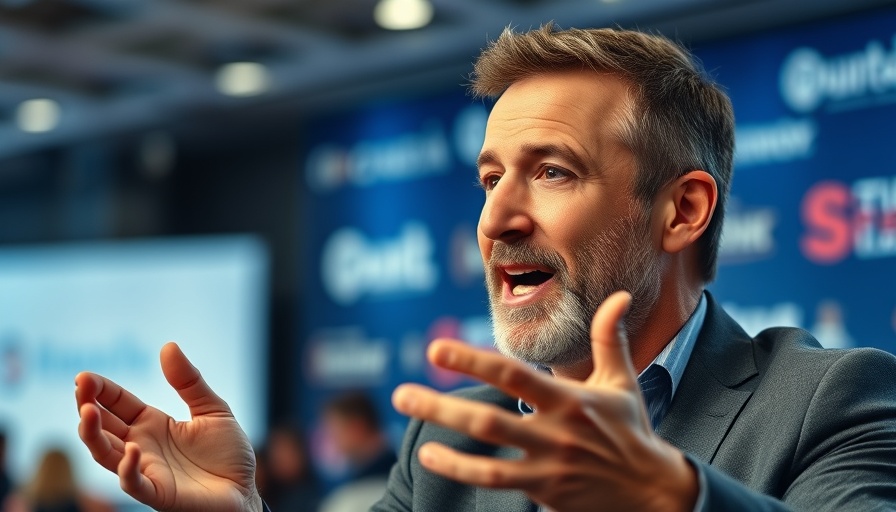 Middle-aged man discussing blurred lines of government service at conference