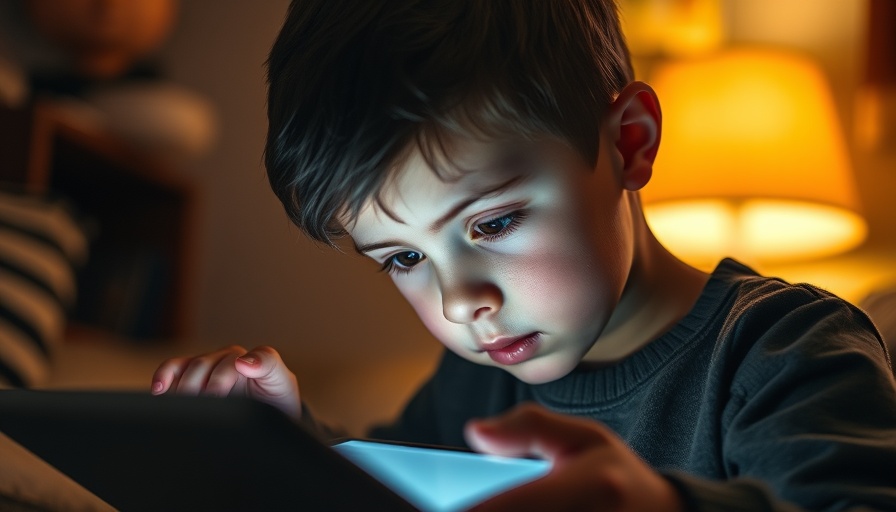 Young boy using tablet in dim light, related to U.K. online age check rules.